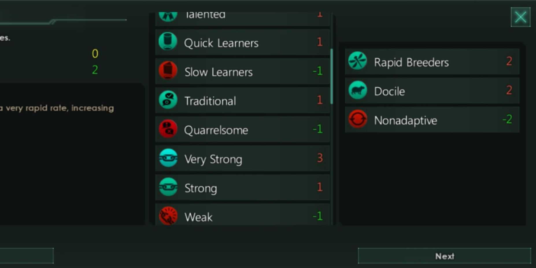 Captura de tela da lista de níveis de características Stellaris: expansão rápida