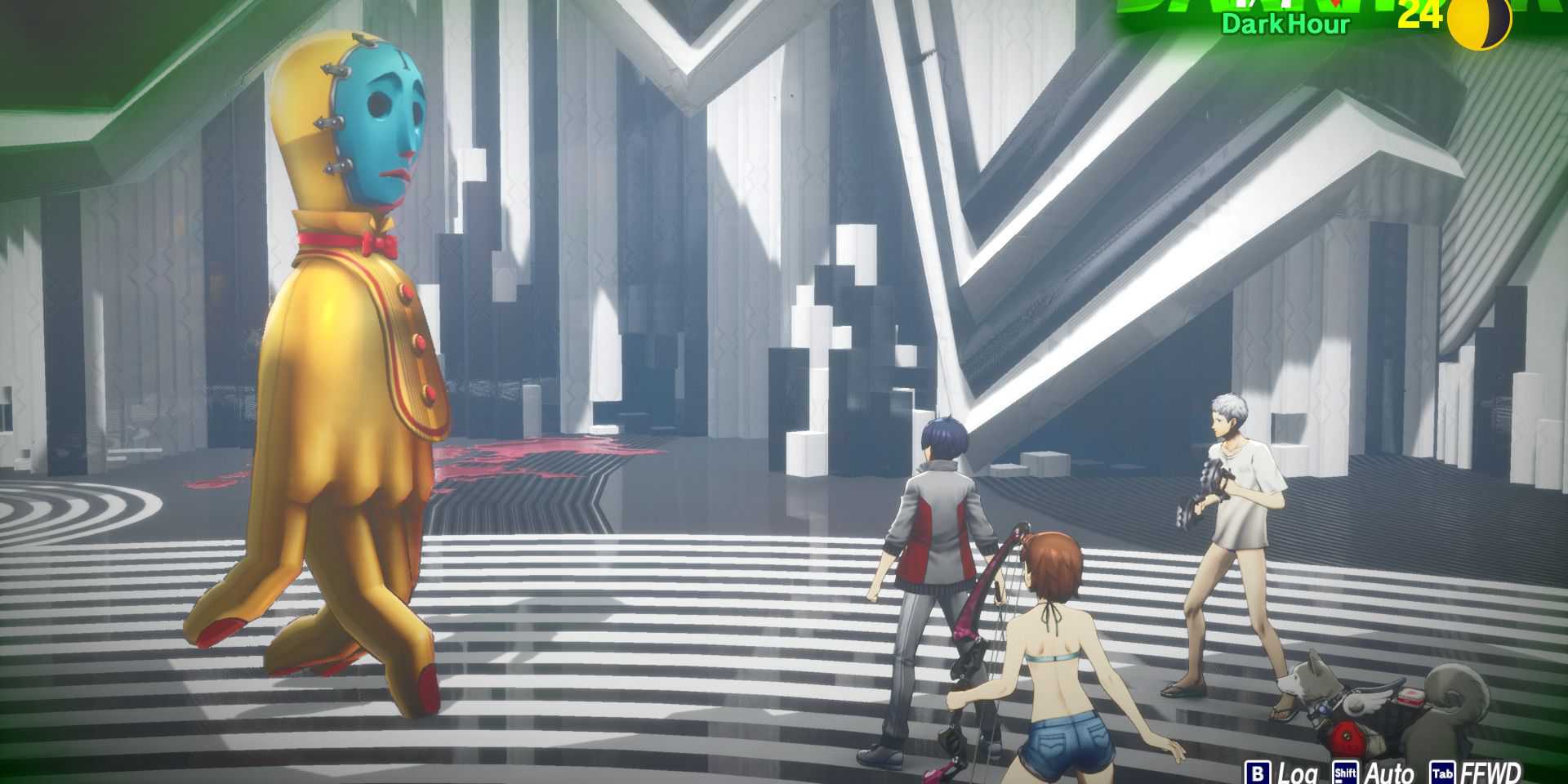 Imagem da equipe correndo em direção a um inimigo do Final Checkmate no Bloco Adamah em Persona 3 Reload