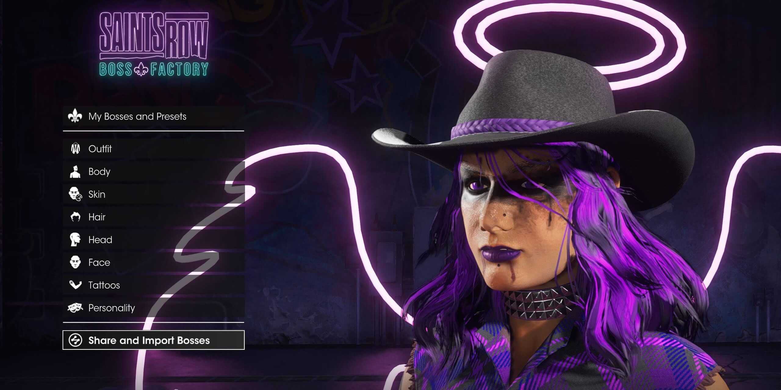 Mulher de cabelo roxo com chapéu de cowboy no menu de criação de personagem do Saints Row