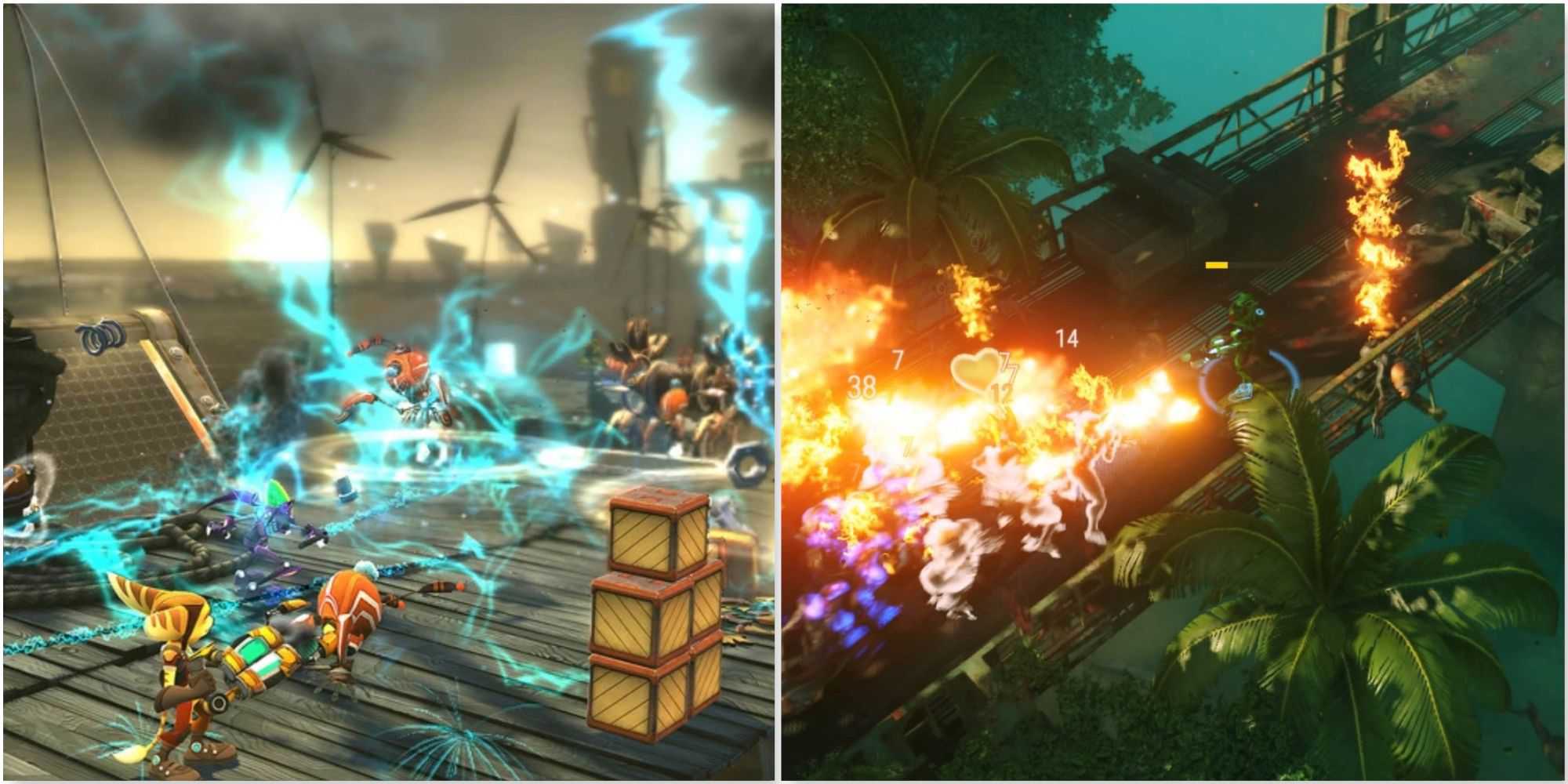 Lutando contra inimigos em Ratchet & Clank All 4 One e Lutando contra inimigos em Alienation