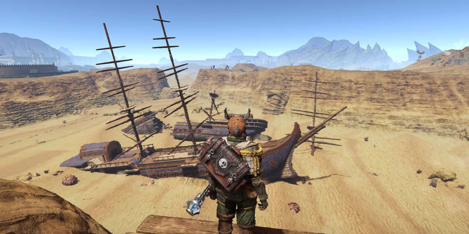 Jogador da Outward Definitive Edition olha para os navios