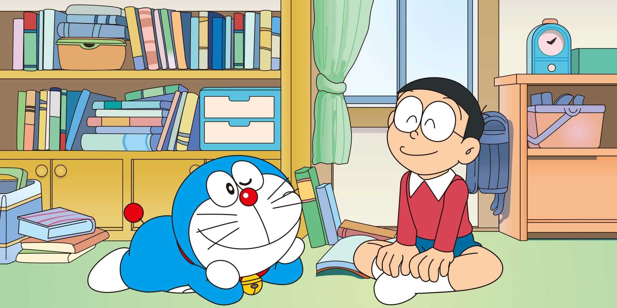 Doraemon e Nobita sentados felizes no chão