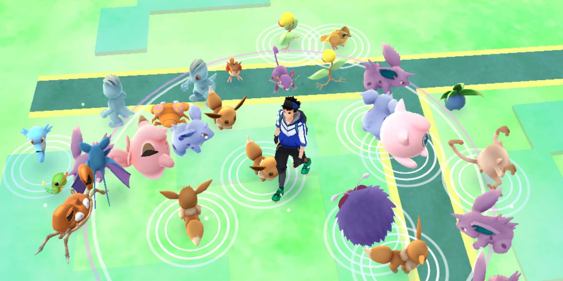 A screenshot from Pokemon GO showing a player character surrounded by several wild Pokemon.