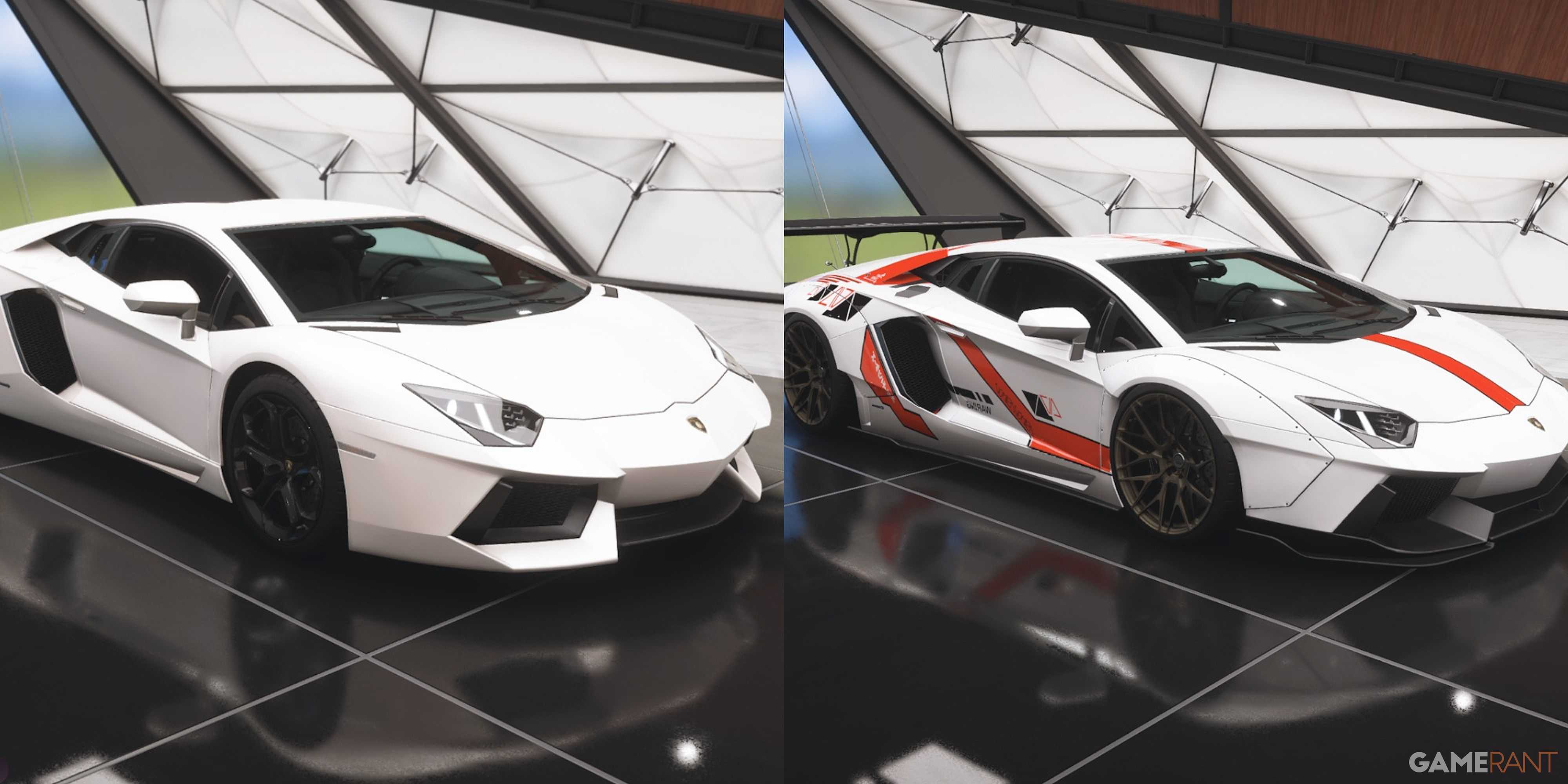 Comparação de carroceria larga com Lamborghini Aventador LP700-4 do Forza Horizon 5