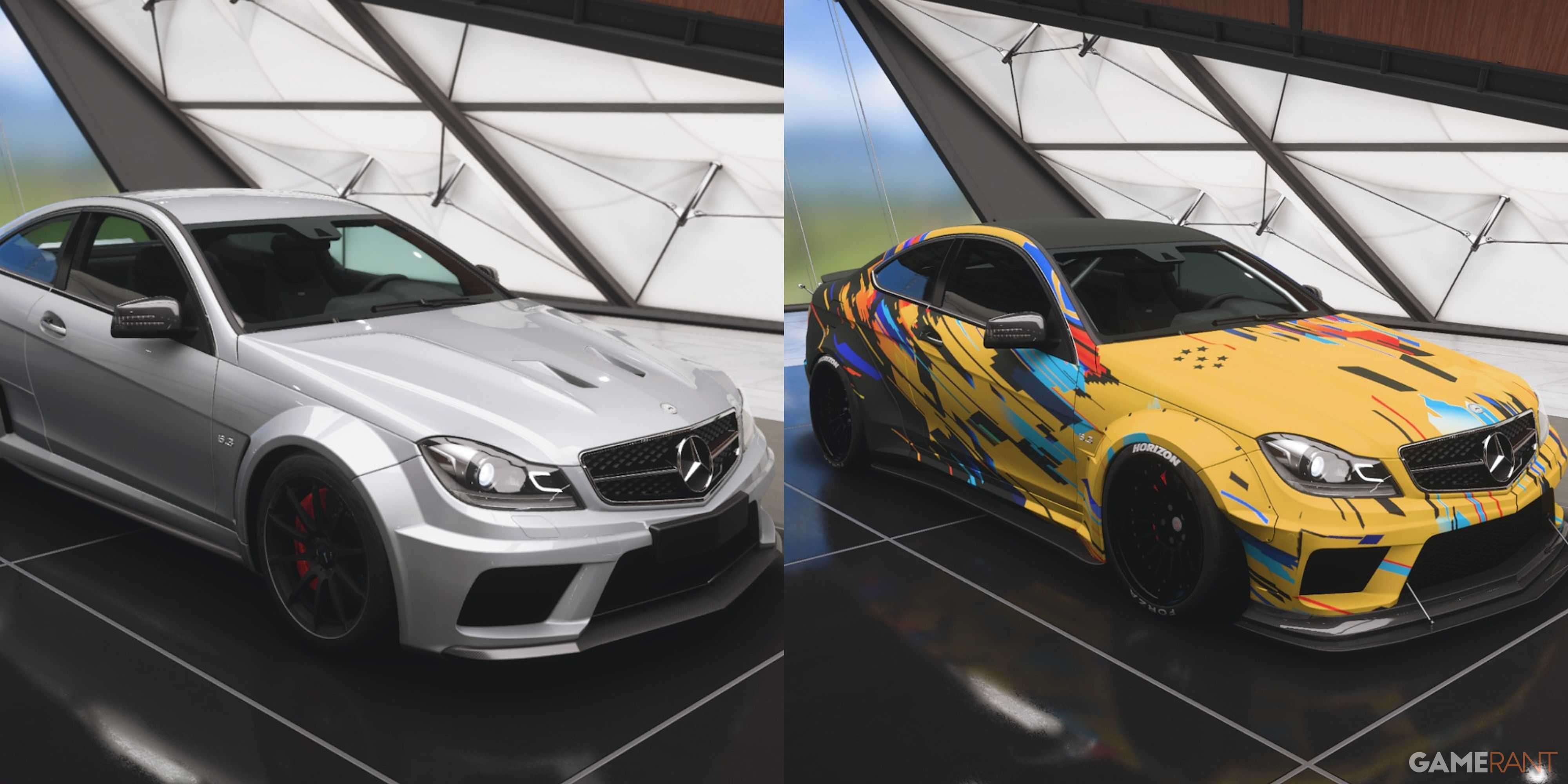 Comparação de Mercedes-Benz C 63 AMG Widebody com Forza Horizon 5