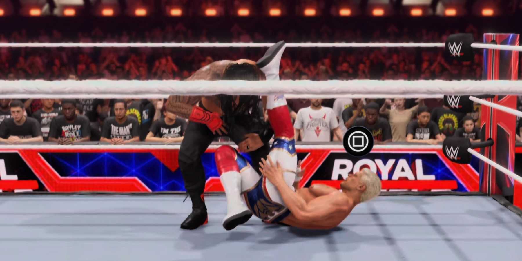 WWE 2K24 Cody quebrando o agarramento com o botão do disjuntor