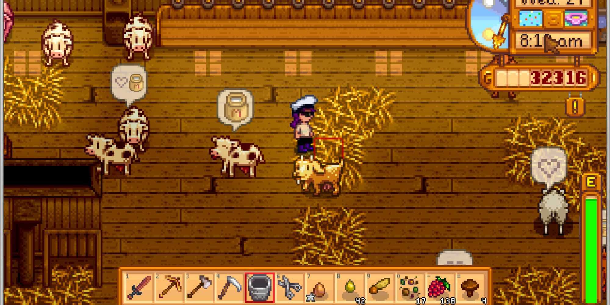 Jogador de Stardew Valley dentro do Mod Barn