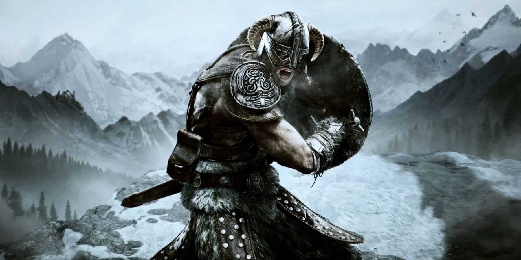 A key visual for The Elder Scrolls 5: Skyrim showing the Dragonborn.