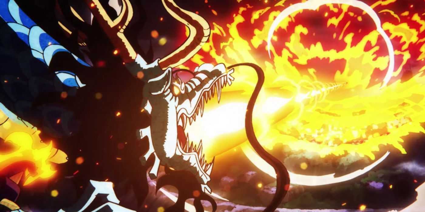 One Piece - Kaido como um dragão liberando uma explosão de queimadura