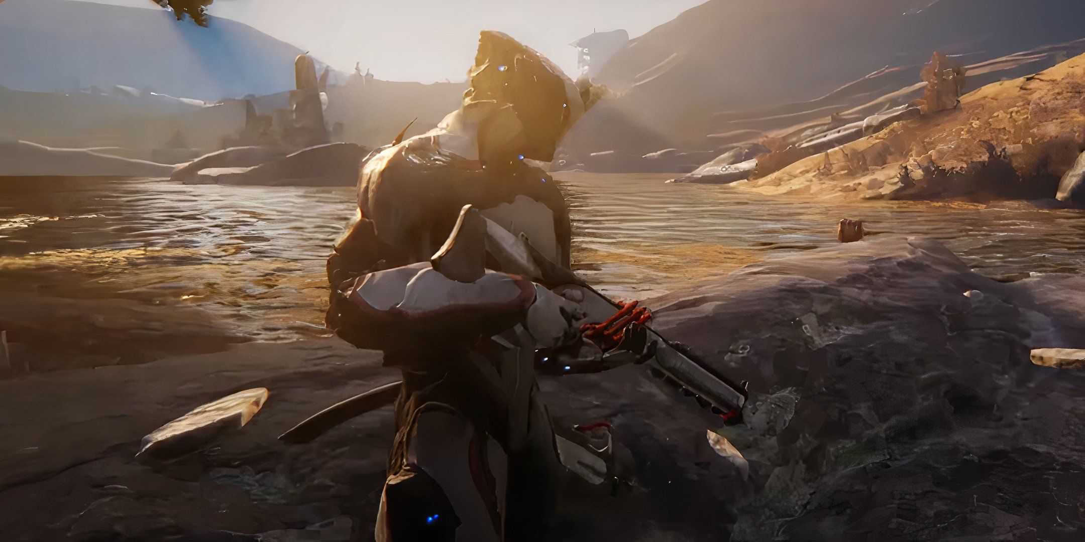 Um Tenno com uma arma em Warframe