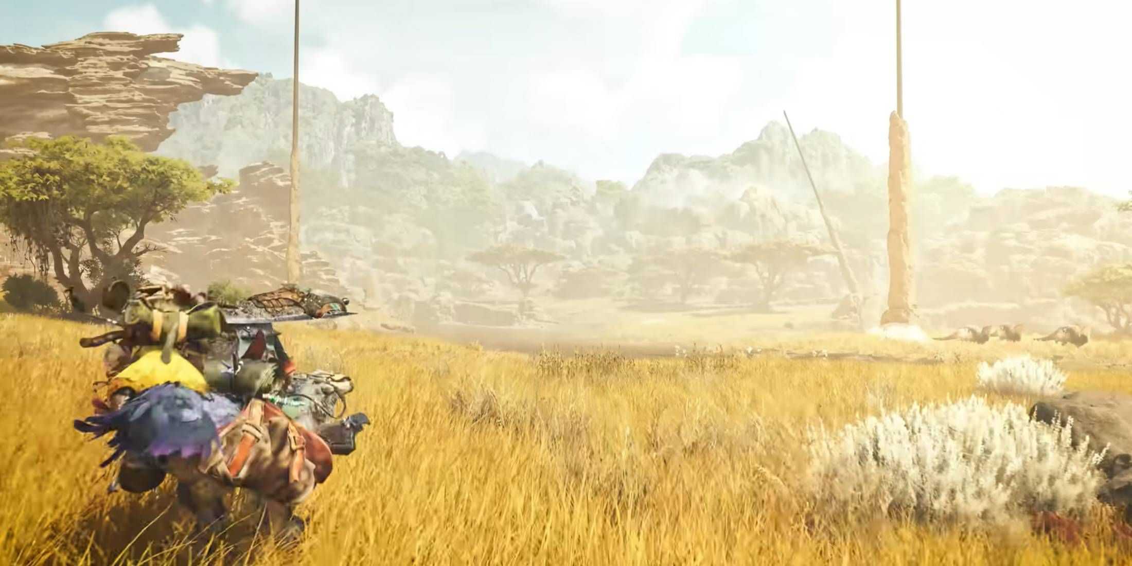 A hunter riding a Seikret into a field in Monster Hunter Wilds