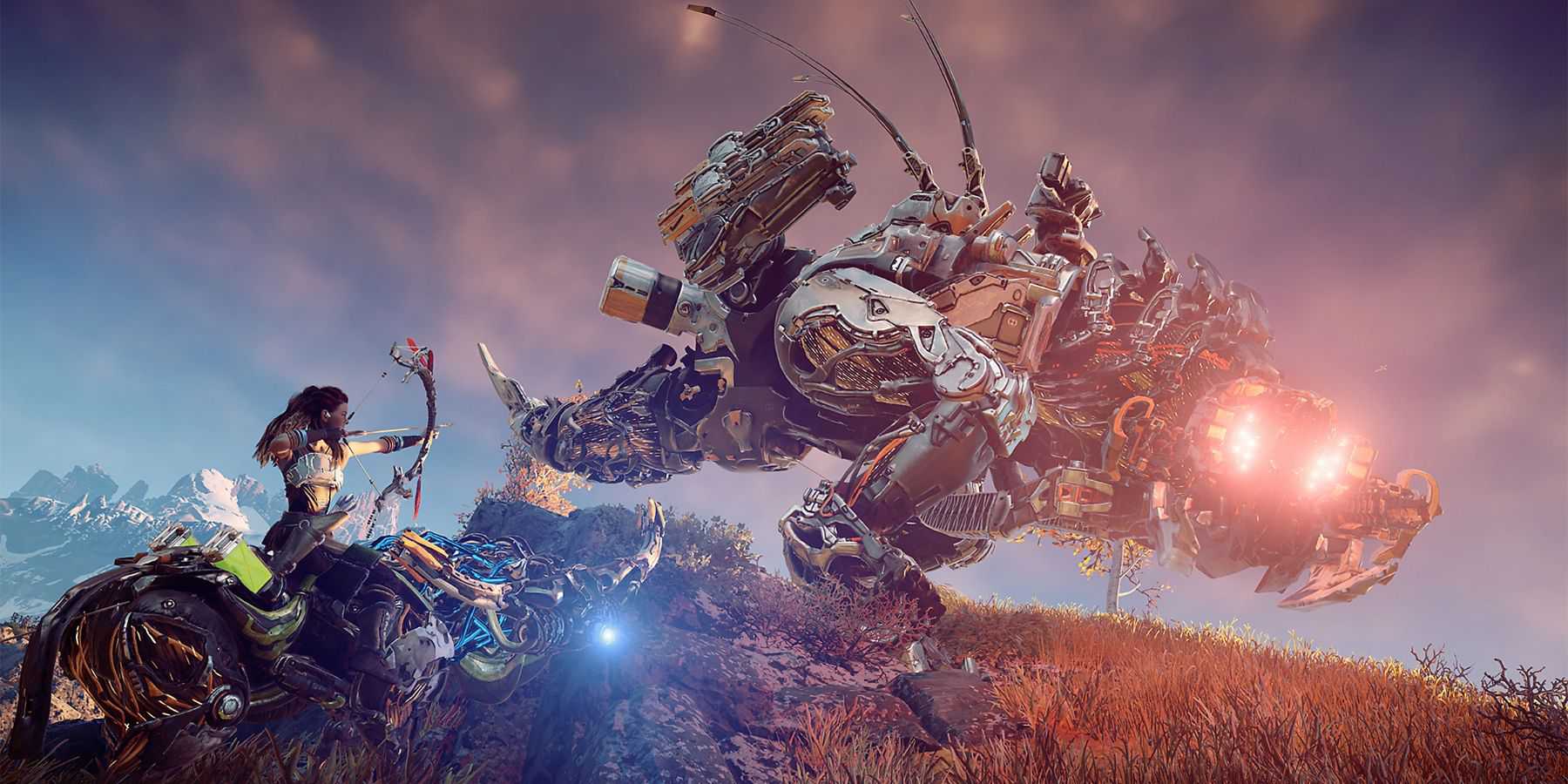 Aloy aiming her bow at a mechanical creature in Horizon Zero Dawn