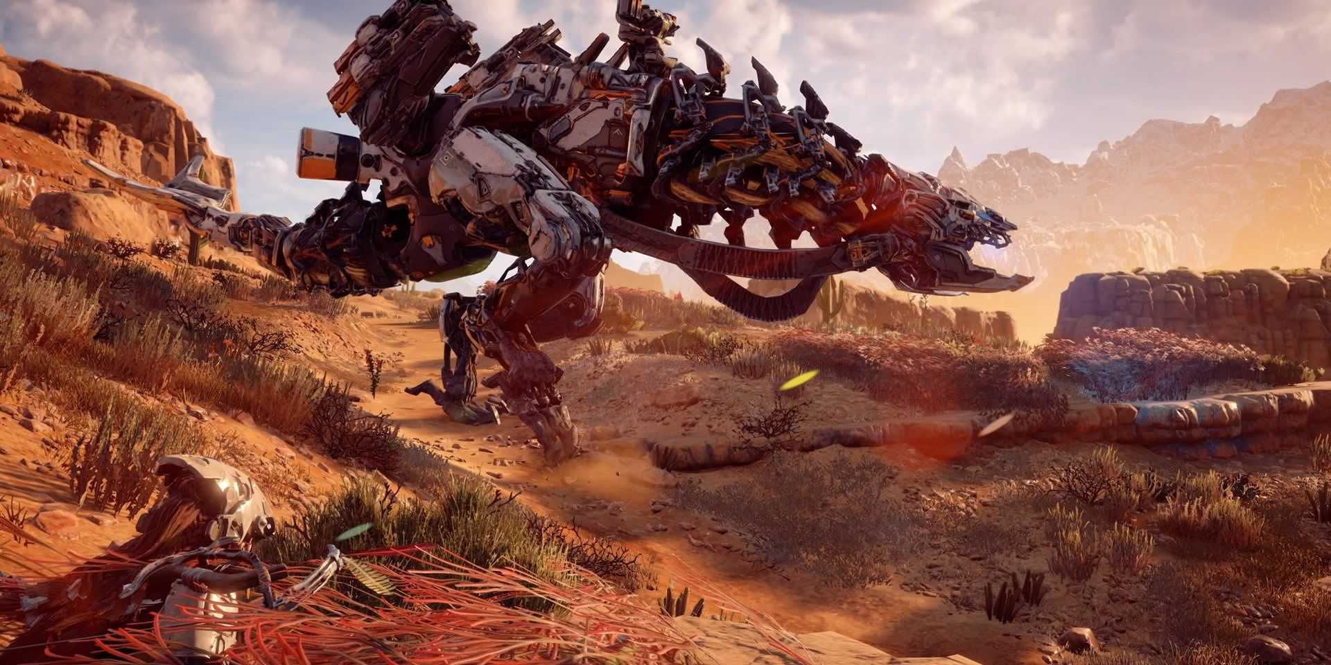 Aloy e um Thunderjaw em Horizon: Zero Dawn