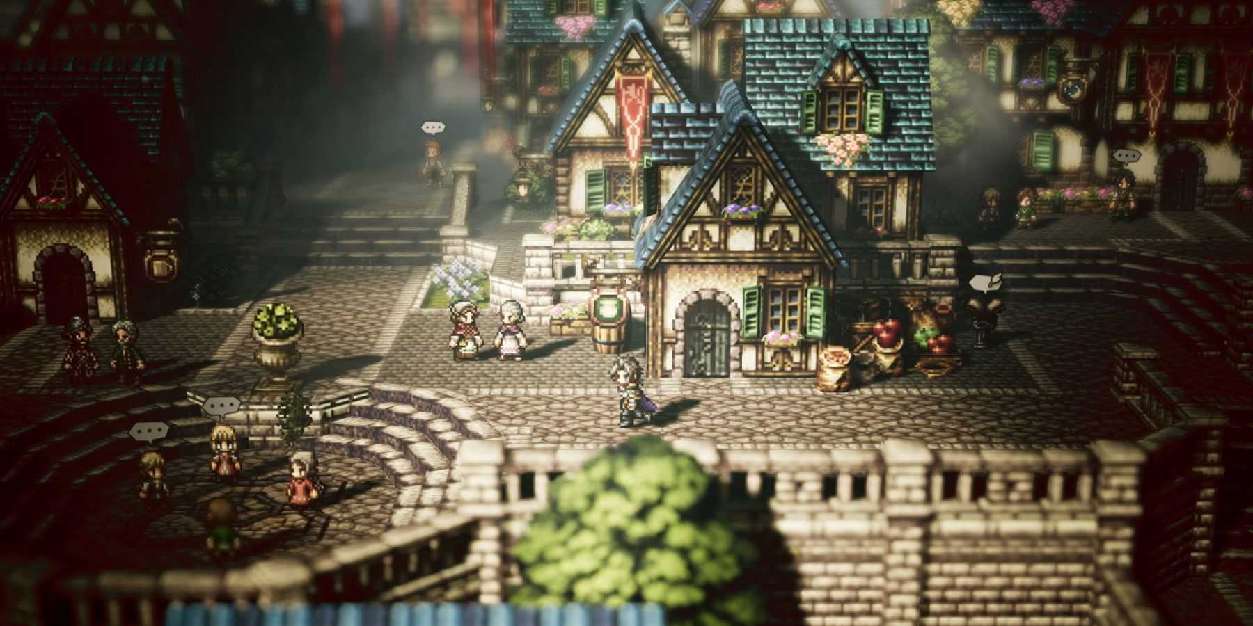 Uma captura de tela mostrando uma das cidades do Octopath Traveller.