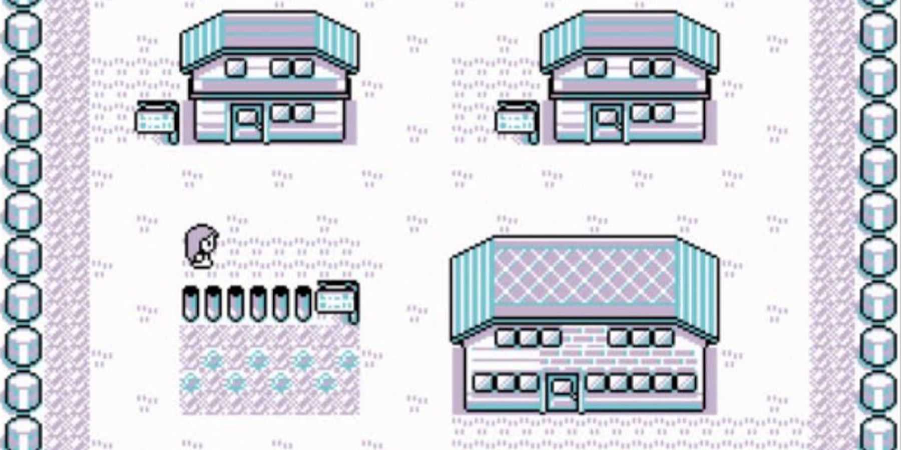 Edifícios de Pallet Town e um personagem próximo em Pokemon Blue