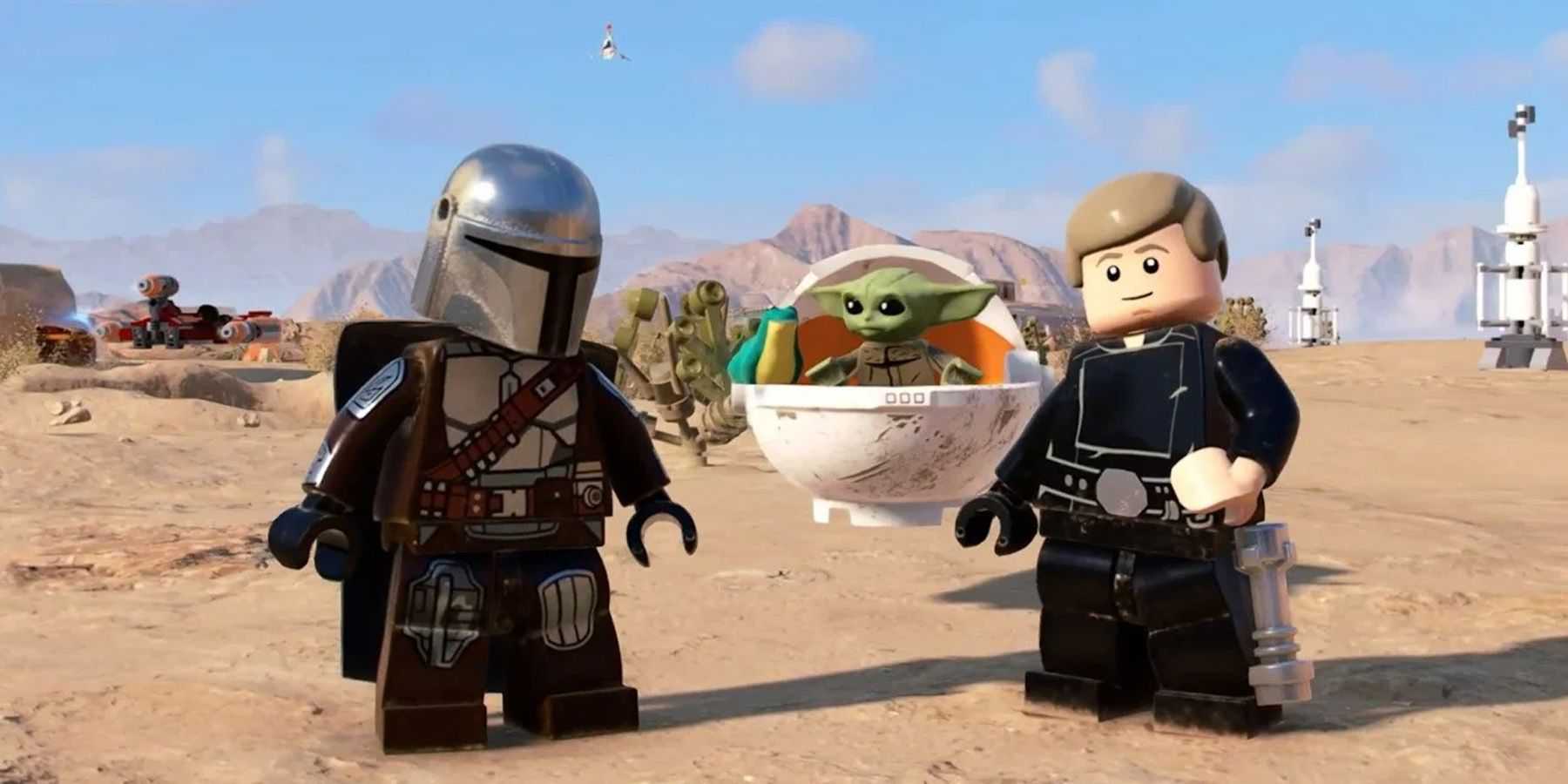 Din Djarin, Grogu, and Luke Skywalker in LEGO Star Wars: The Skywalker Saga