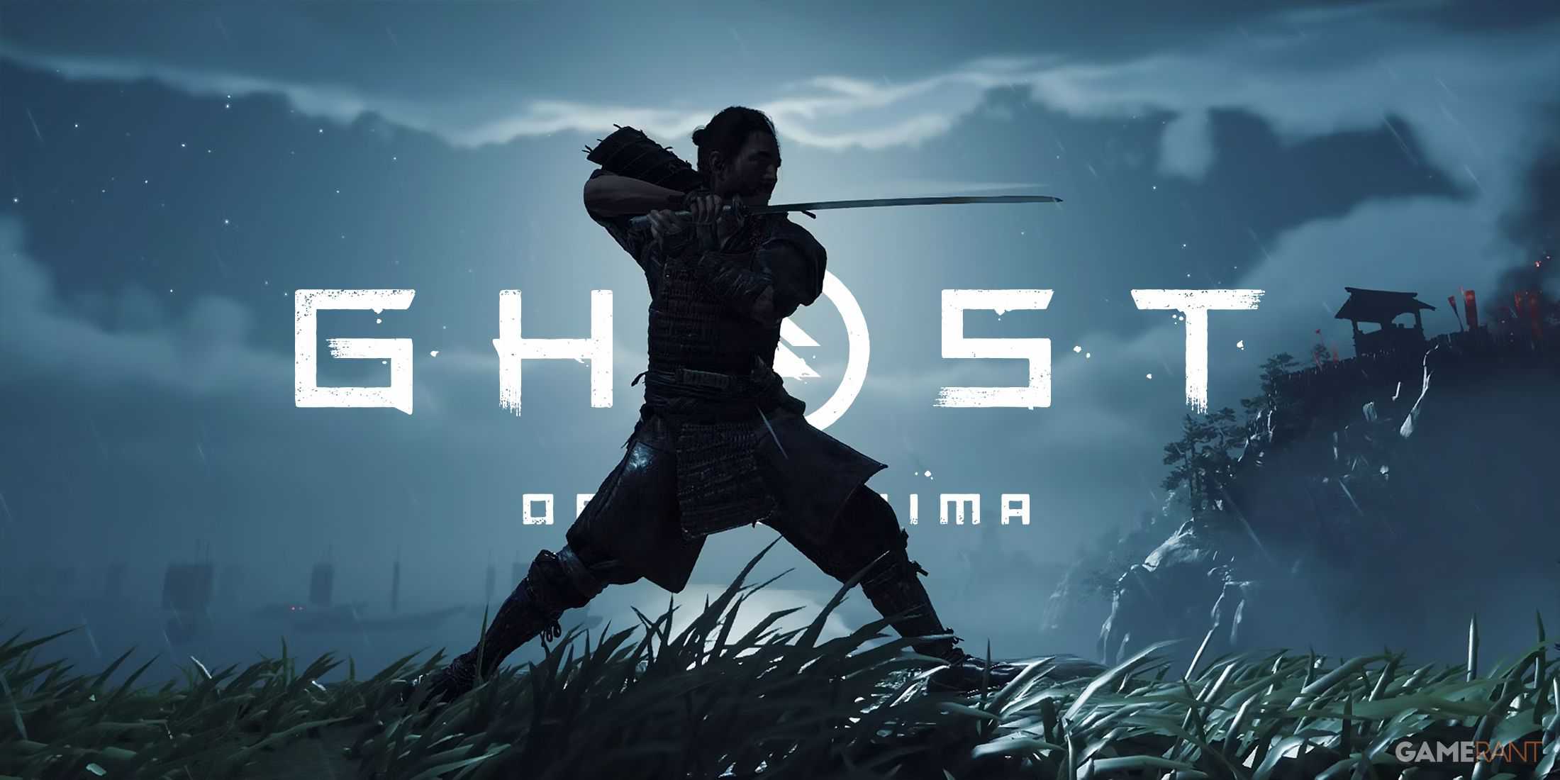 Silhouetted Jin Sakai in front of Ghost of Tsushima logo