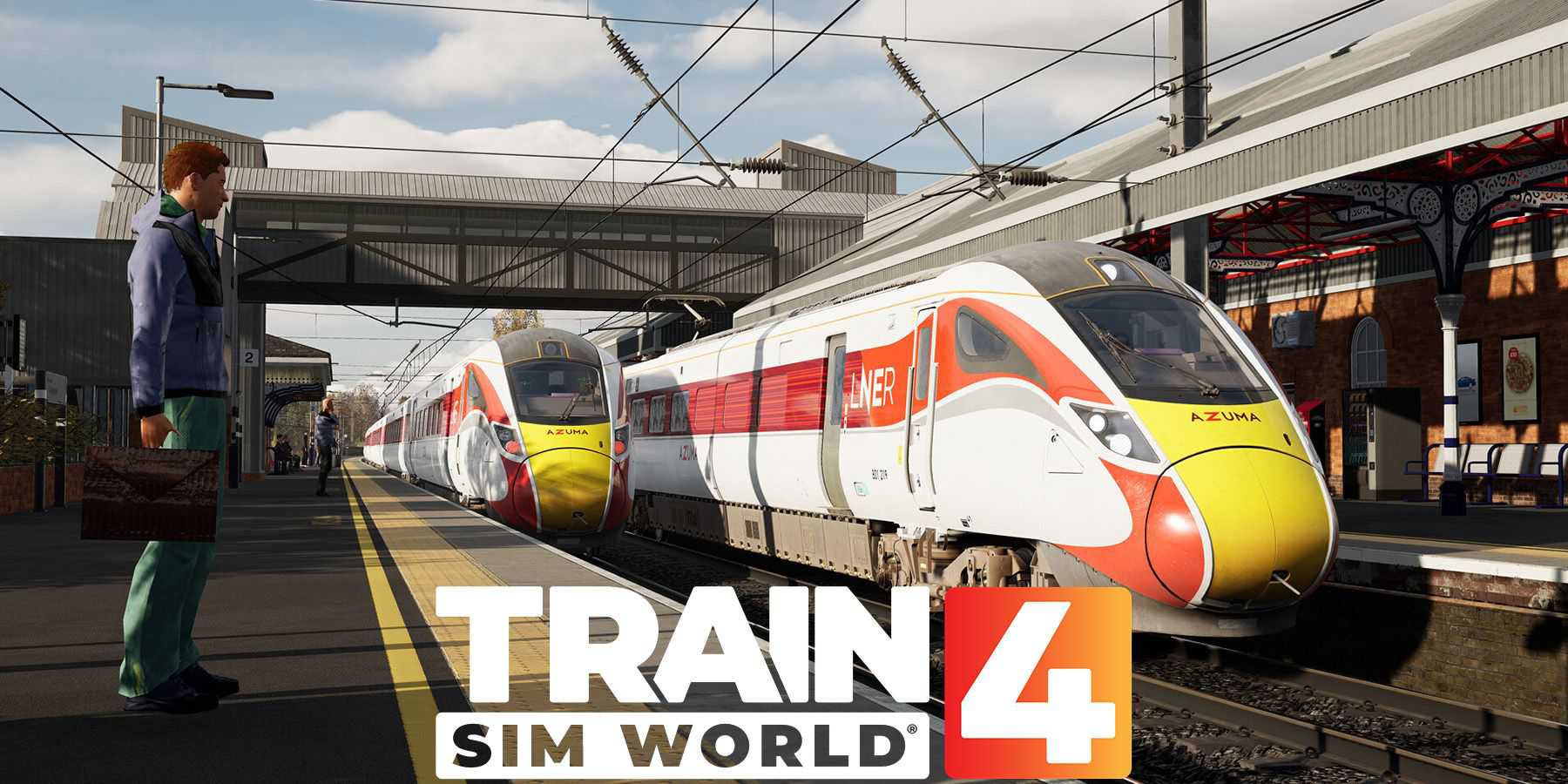 Train Sim World 4 Steam promo screenshot NPC esperando na estação de trem com logotipo colorido do jogo