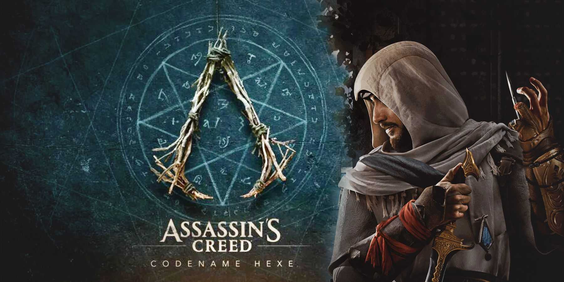 Arte de Assassin's Creed Mirage Basim ao lado do logotipo Codename Hexe