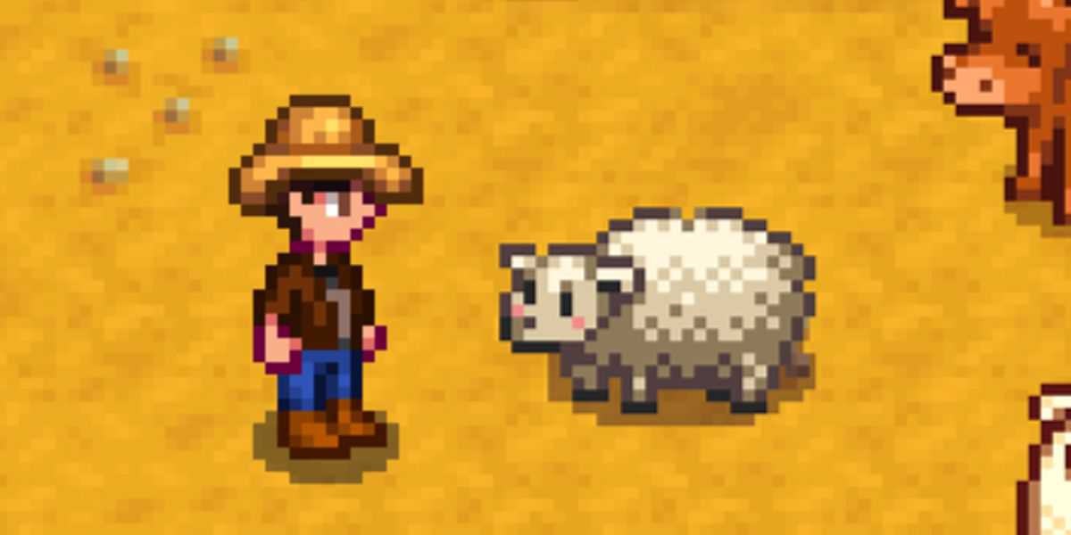 Um fazendeiro ao lado de uma ovelha em Stardew Valley