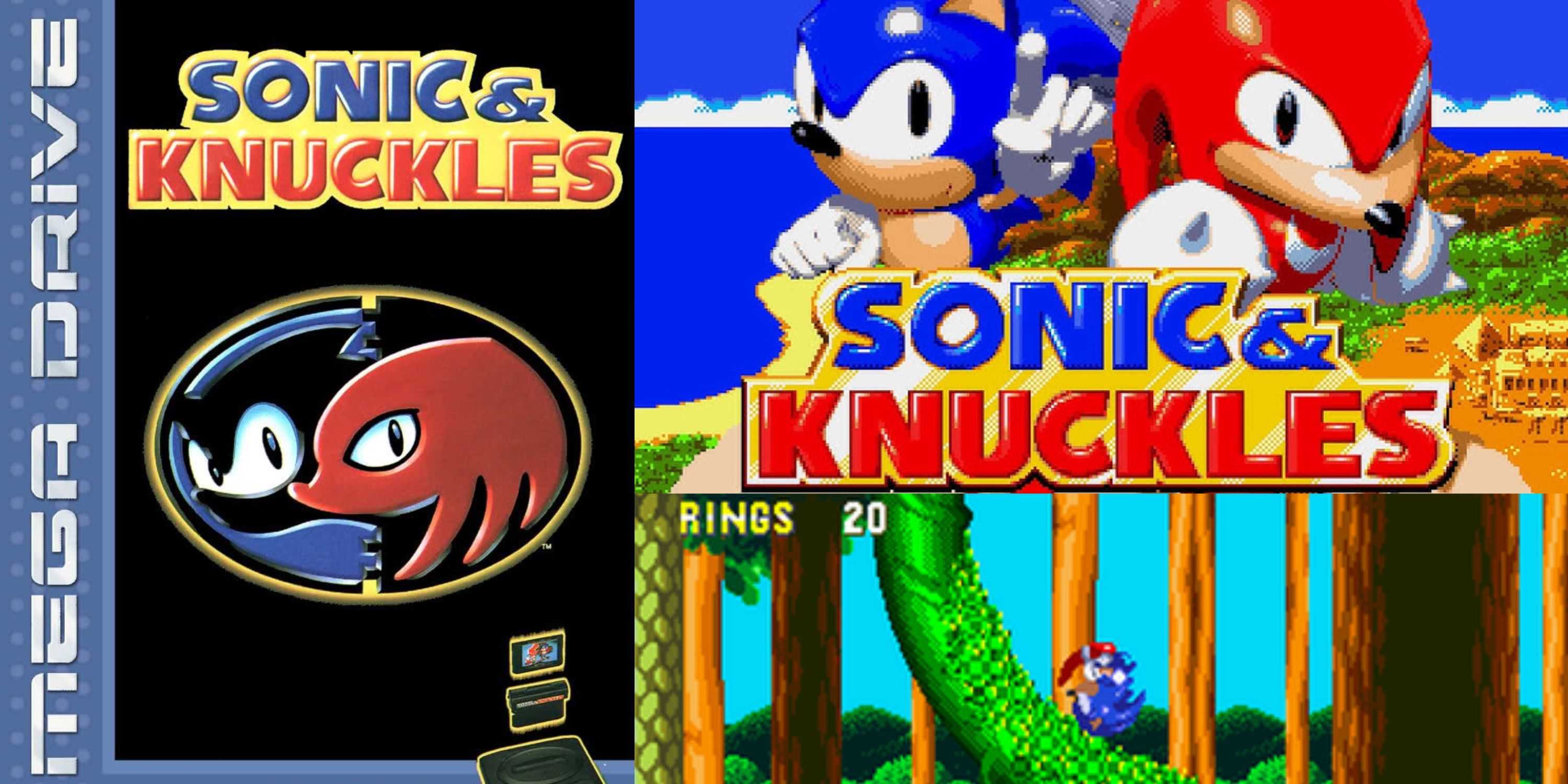 arte da caixa do mega drive de sonic and knuckles, captura de tela, tela de título