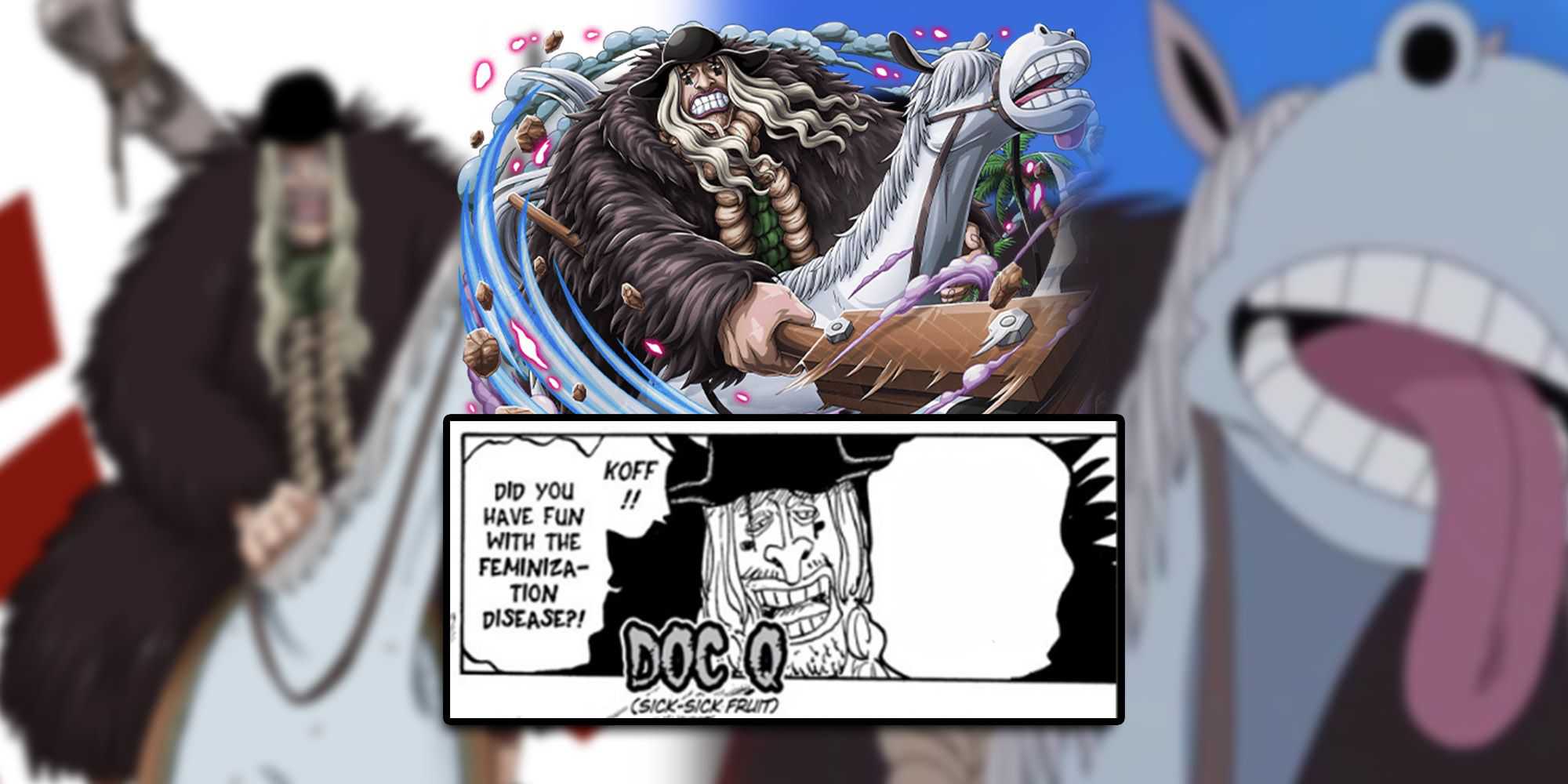 One Piece - Várias imagens do Doc Q em seu cavalo com PNG do Doc Q e painel revelando sua Akuma no Mi sobrepostos no topo