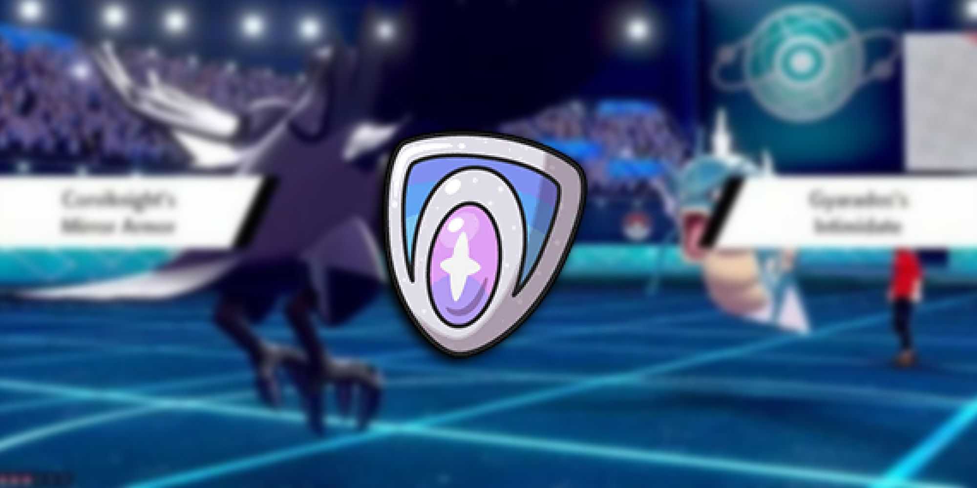 Pokemon - Duas habilidades de Pokemon sendo acionadas uma contra a outra com o escudo de habilidade PNG no topo