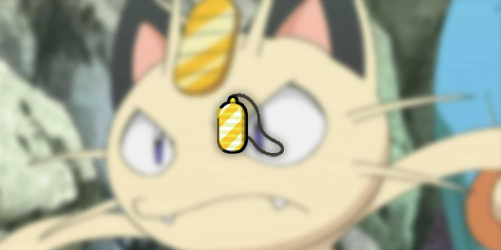 Pokemon -Meowth parecendo irritado no anime com moeda de amuleto PNG no topo