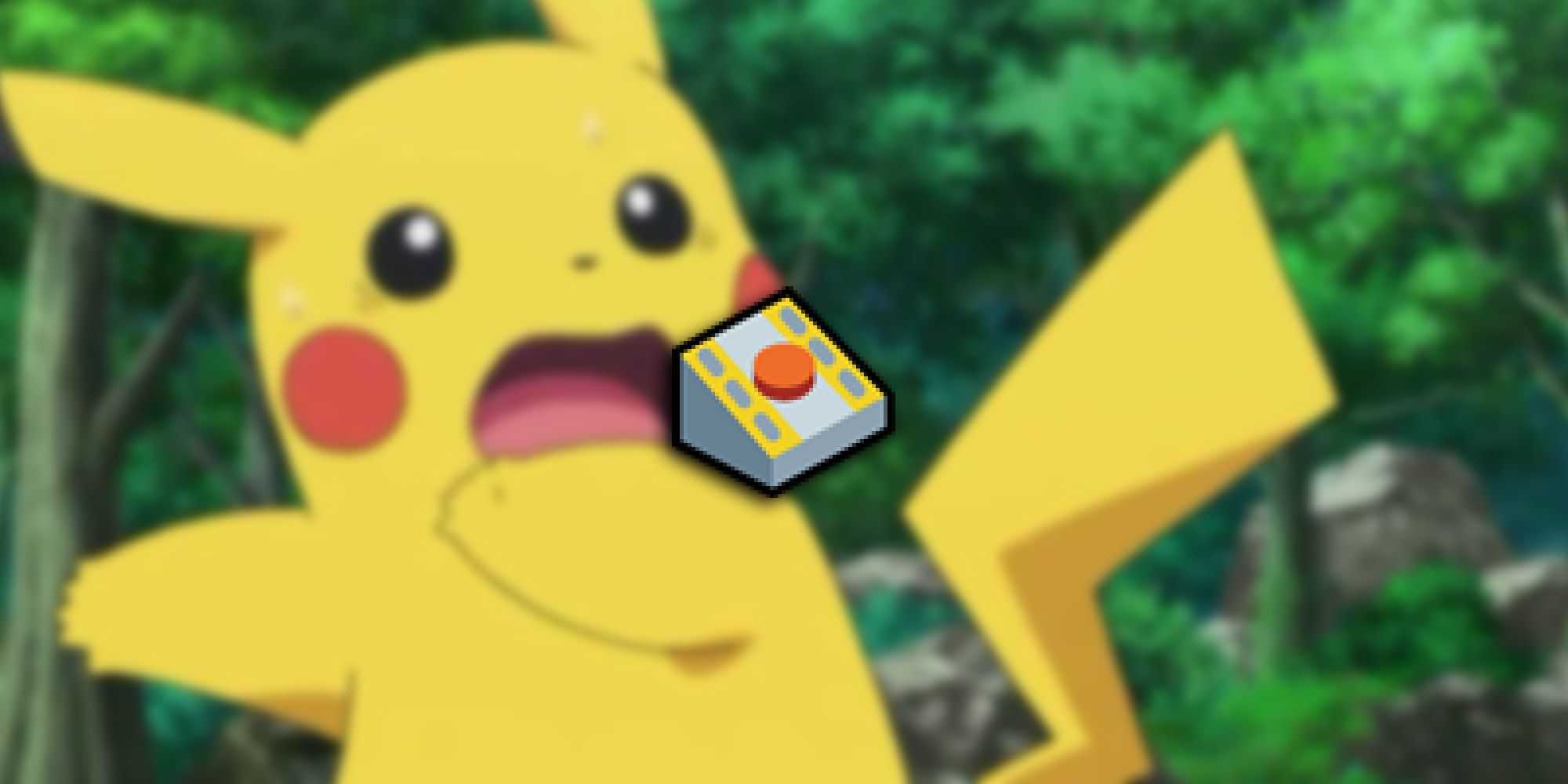 Pokemon – Pikachu assustado prestes a fugir com o botão de ejeção PNG no topo