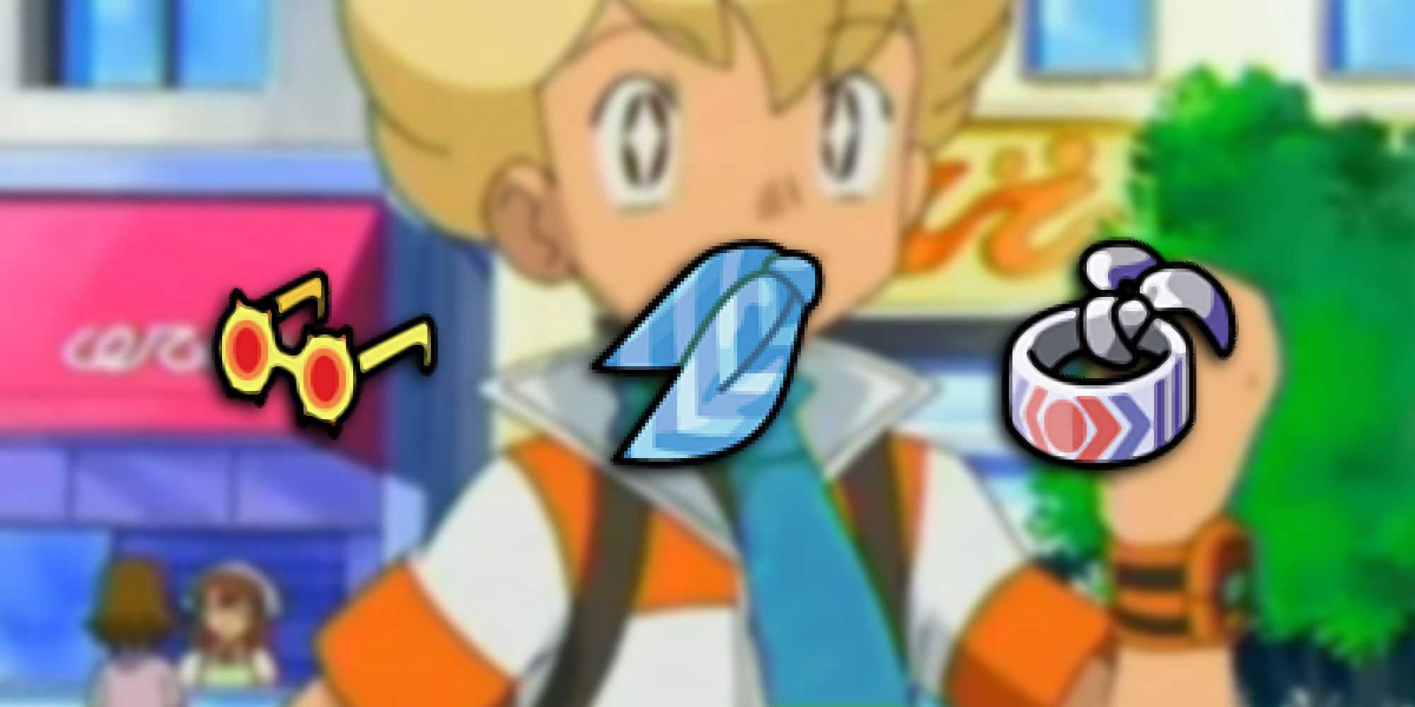 Pokemon - Personagem usando lenço em anime com PNG do item no topo