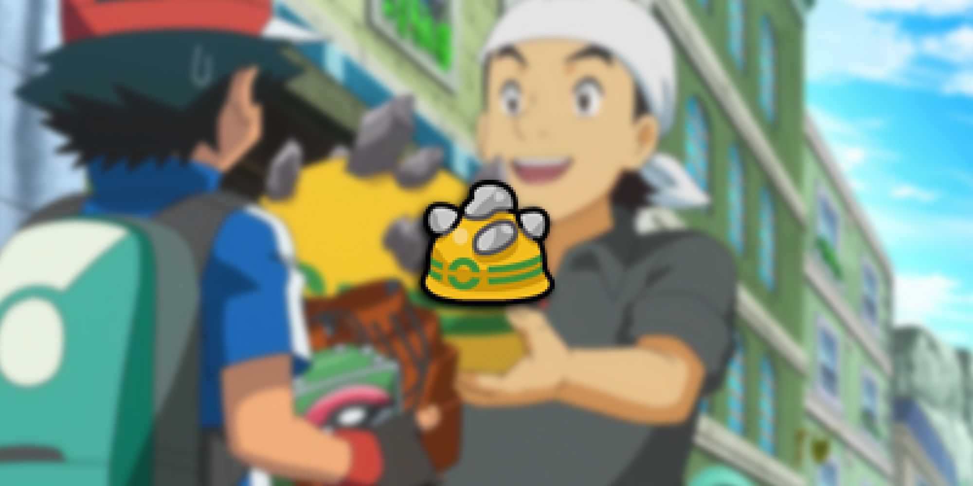 Pokemon – Ash recebendo capacete rochoso em anime com PNG do item no topo