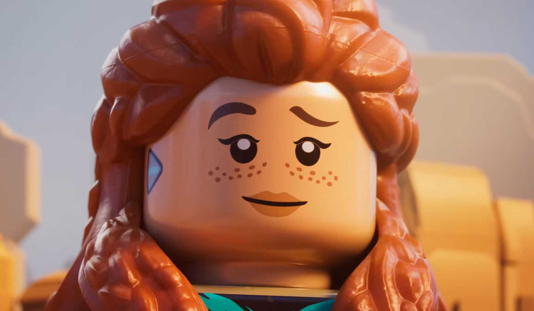 A close-up screenshot of Aloy's face in LEGO Horizon Adventures.