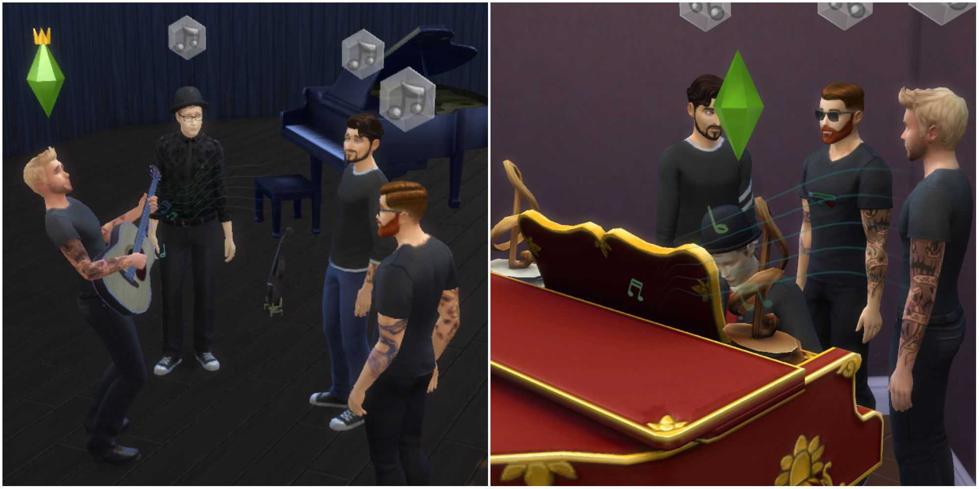 Um grupo de Sims se reúne para tocar música juntos em uma reunião de clube de bandas