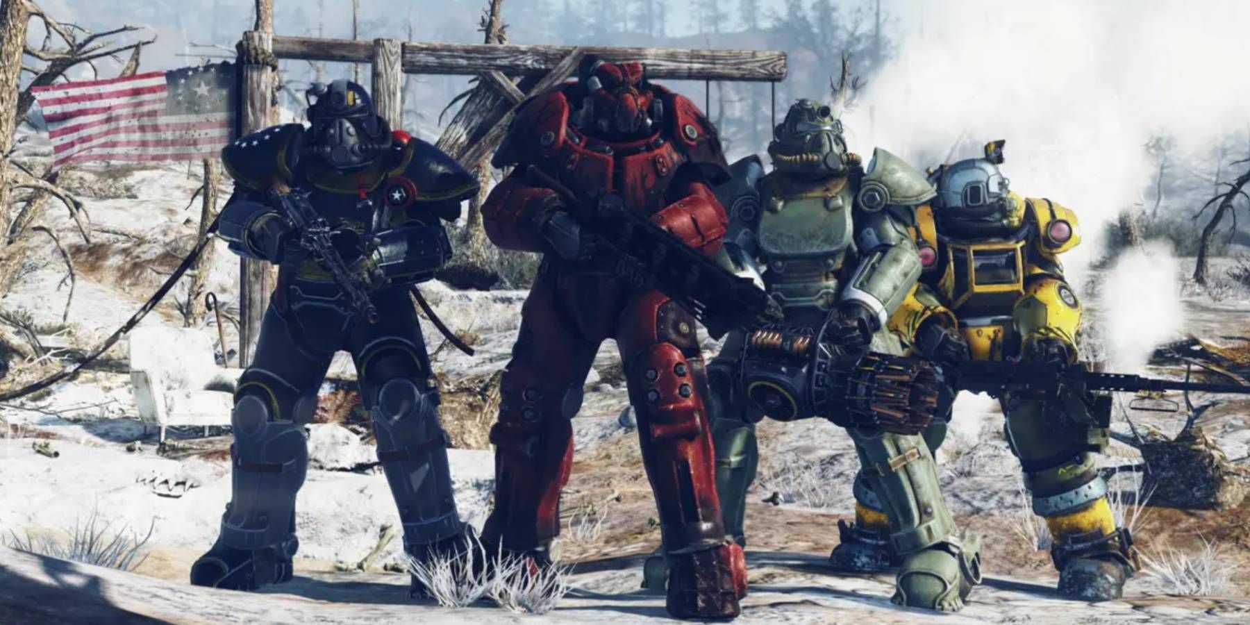 Um grupo de personagens vestindo armaduras poderosas em Fallout 76