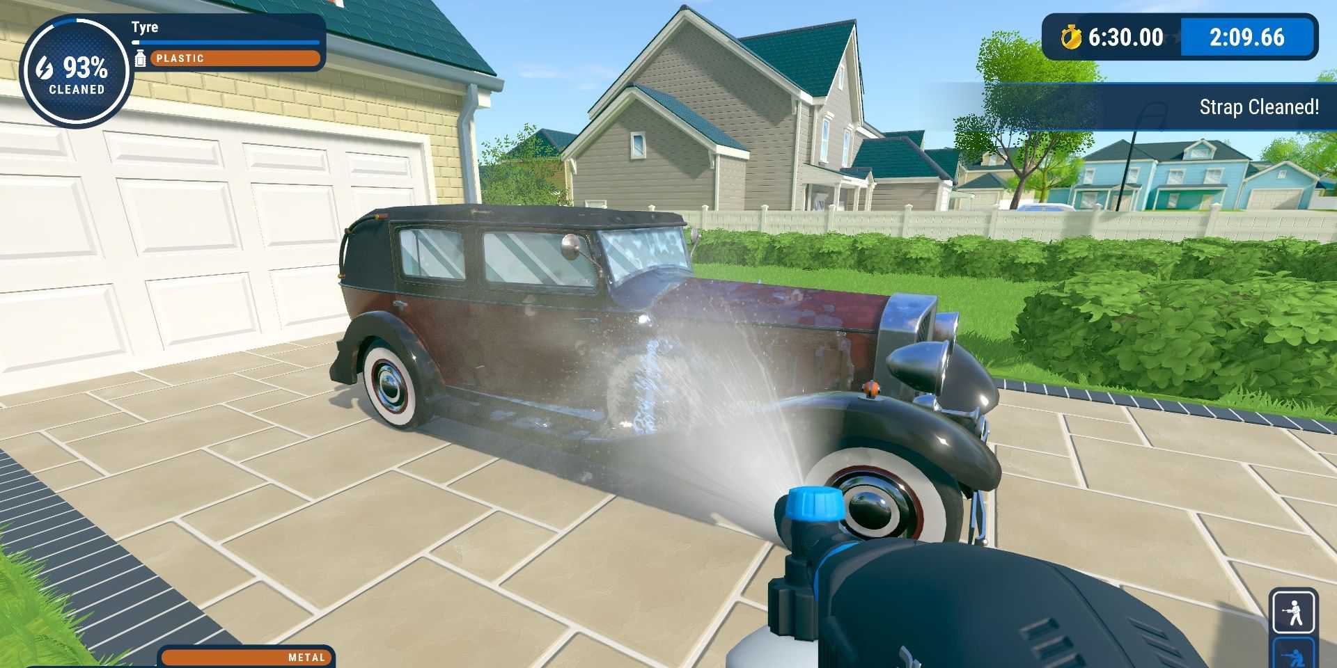 Spraying soap and water on a vintage car in PowerWash Simulator