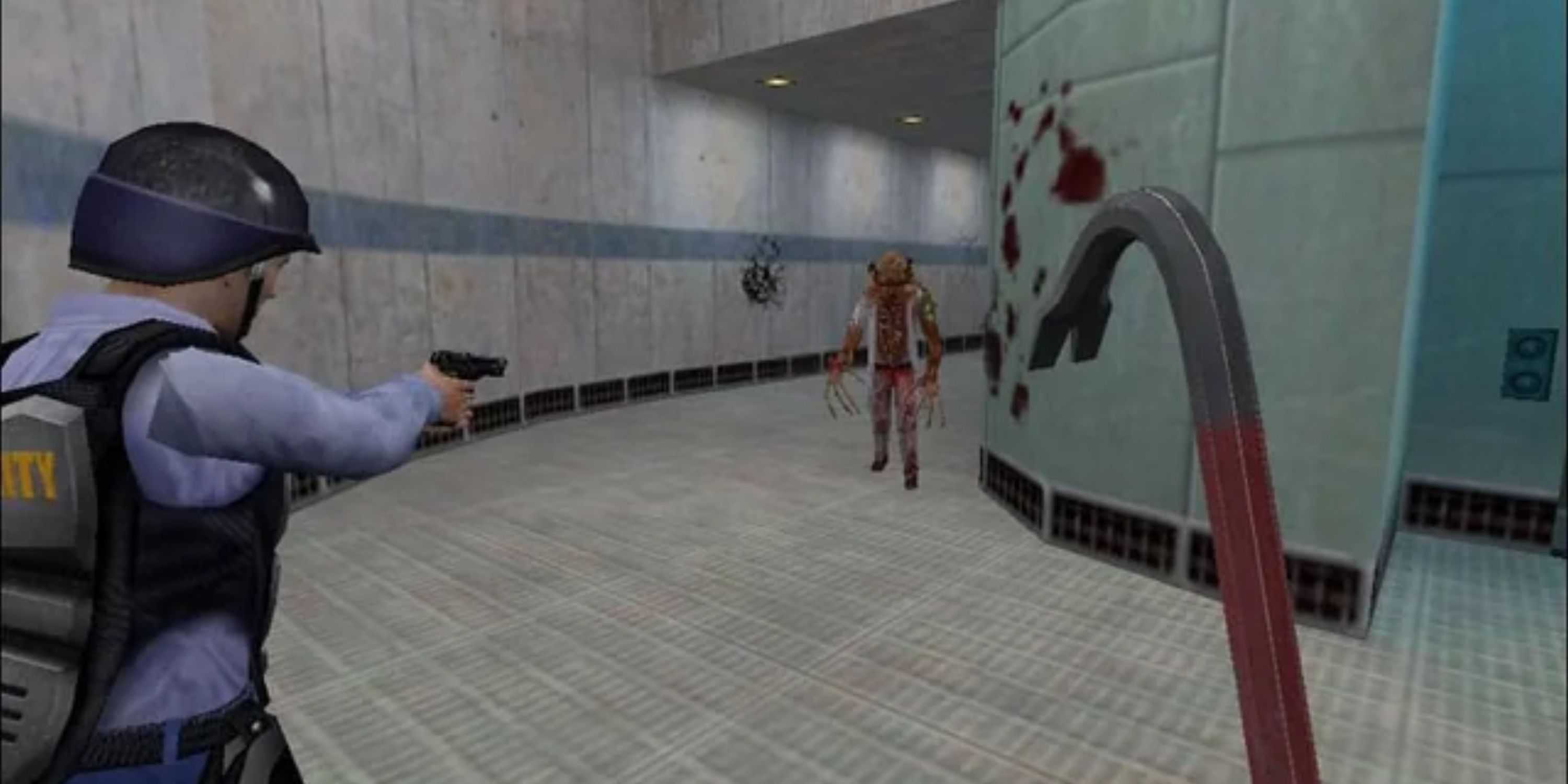 half-life segurança atirando cabeça de inimigo com um pé de cabra