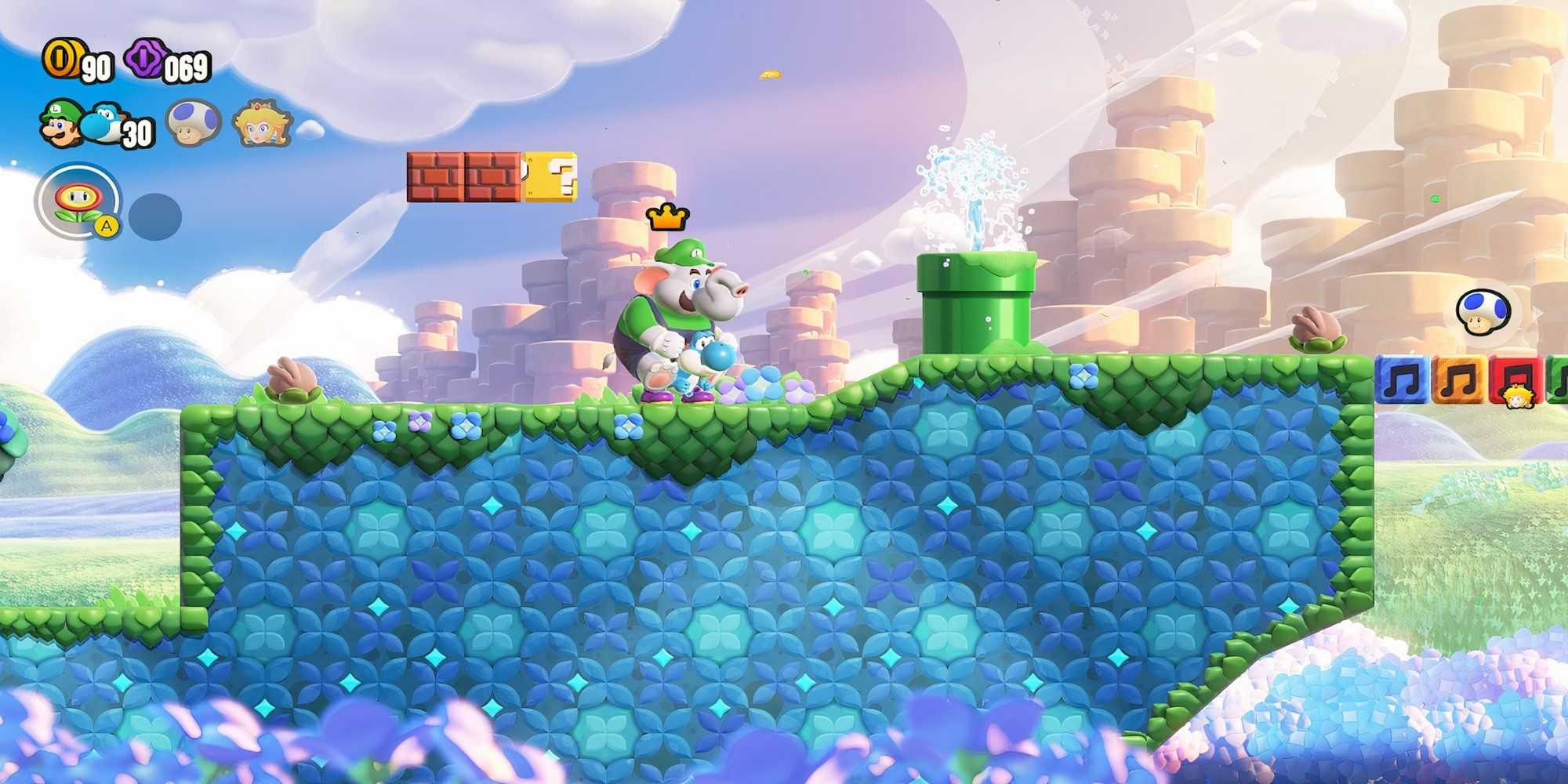 Luigi riding a Yoshi in Super Mario Bros. Wonder