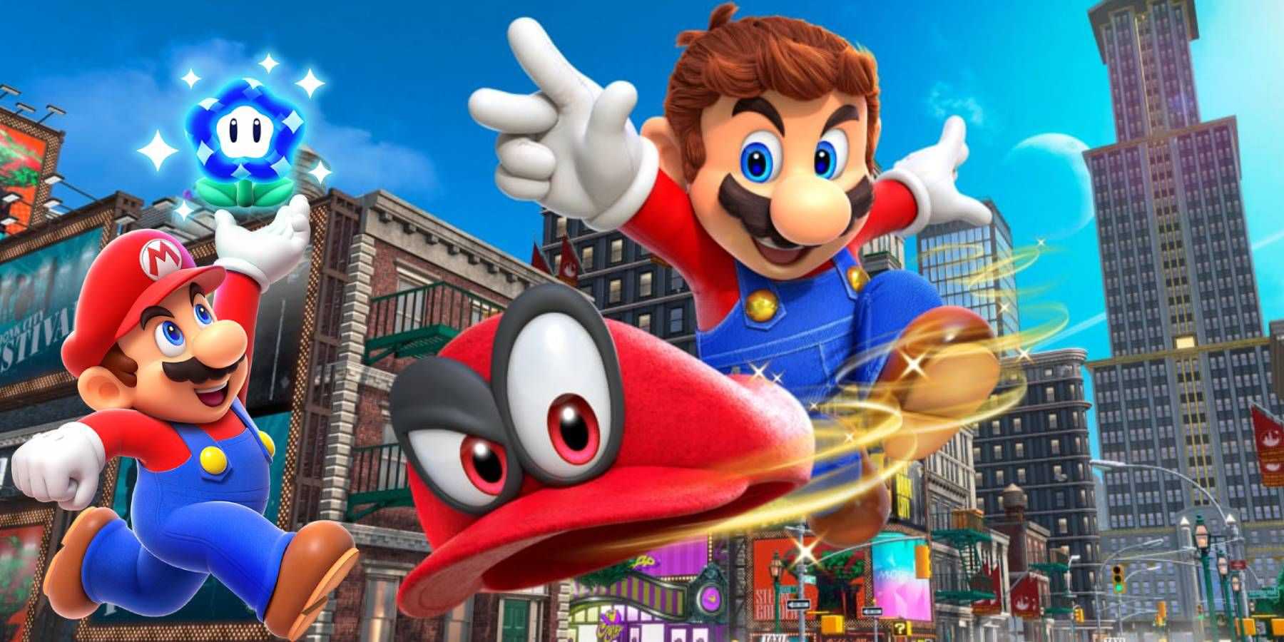 Mario de Super Mario Odyssey e Mario de Super Mario Bros. Wonder olhando um para o outro