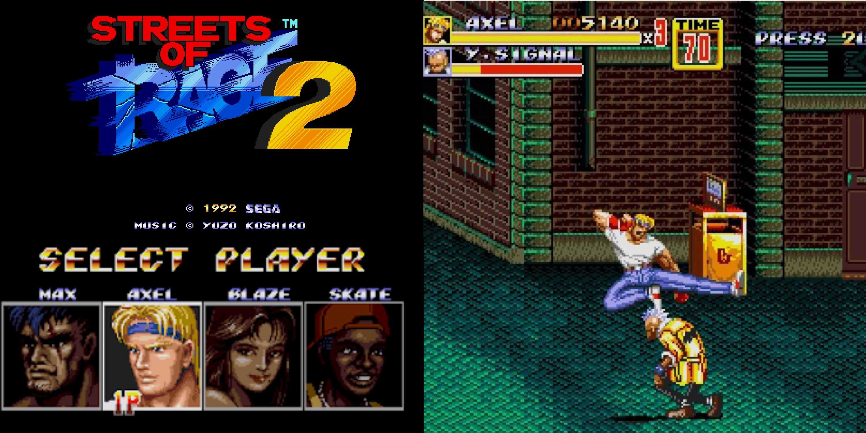 Tela de título de aStreets of Rage 2, captura de tela e tela de seleção de jogador