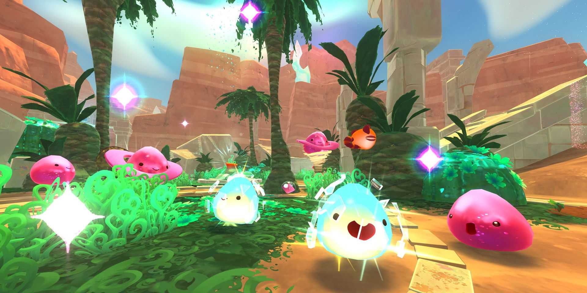 Diferentes tipos de slimes em Slime Rancher