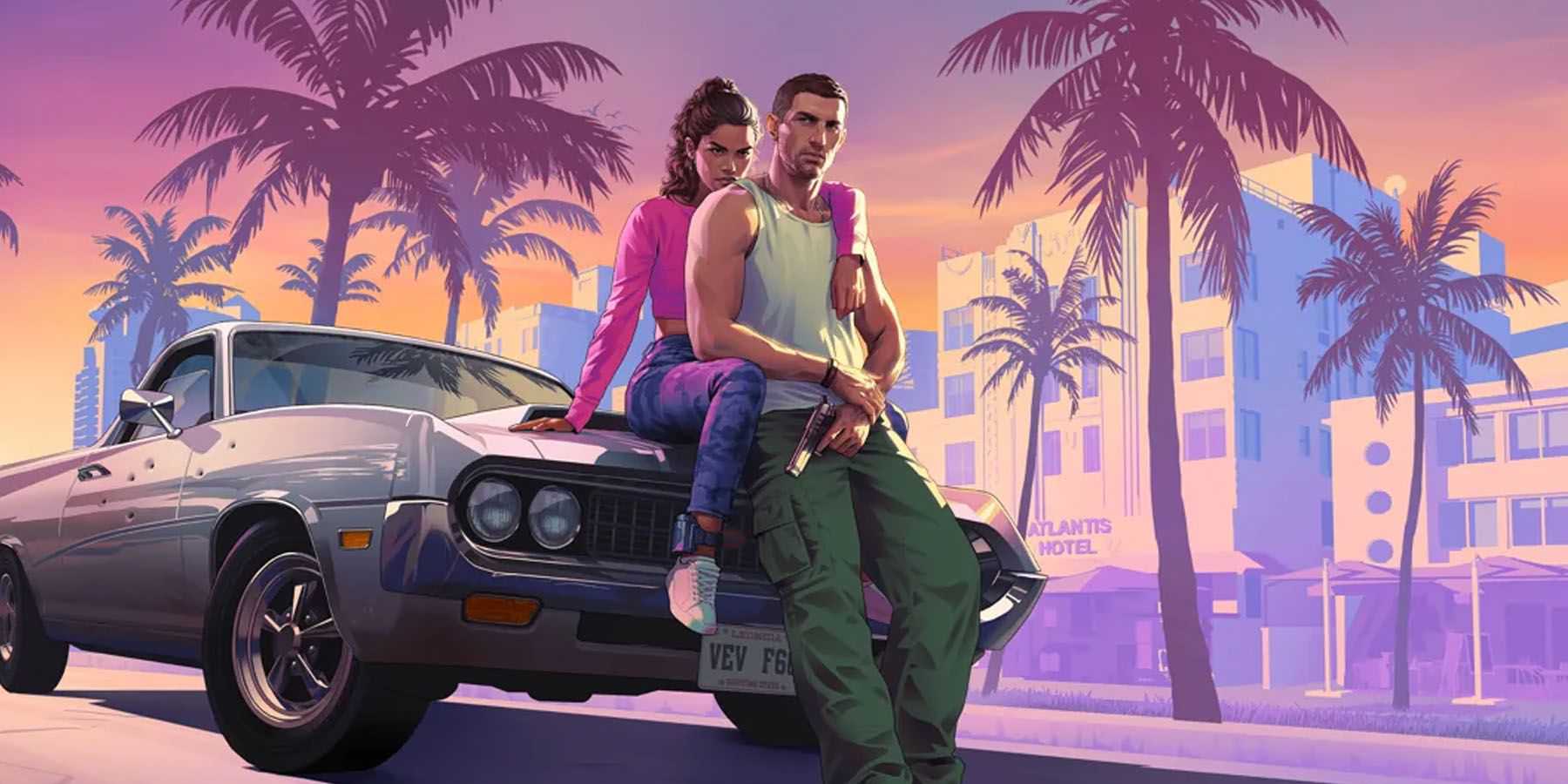 A promotional image of Lucia and Jason sitting on a car in GTA 6.