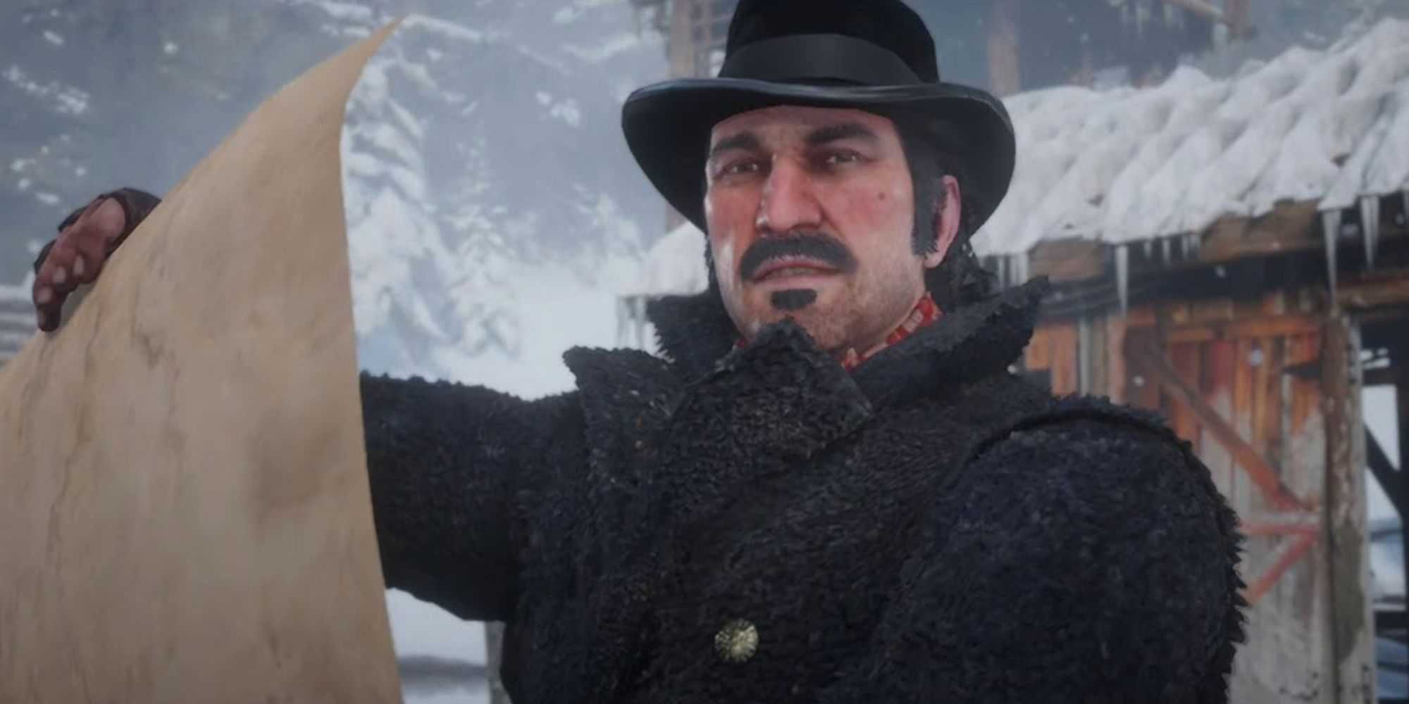 Red Dead Redemption 2 Dutch van der Linde holding paper in snow