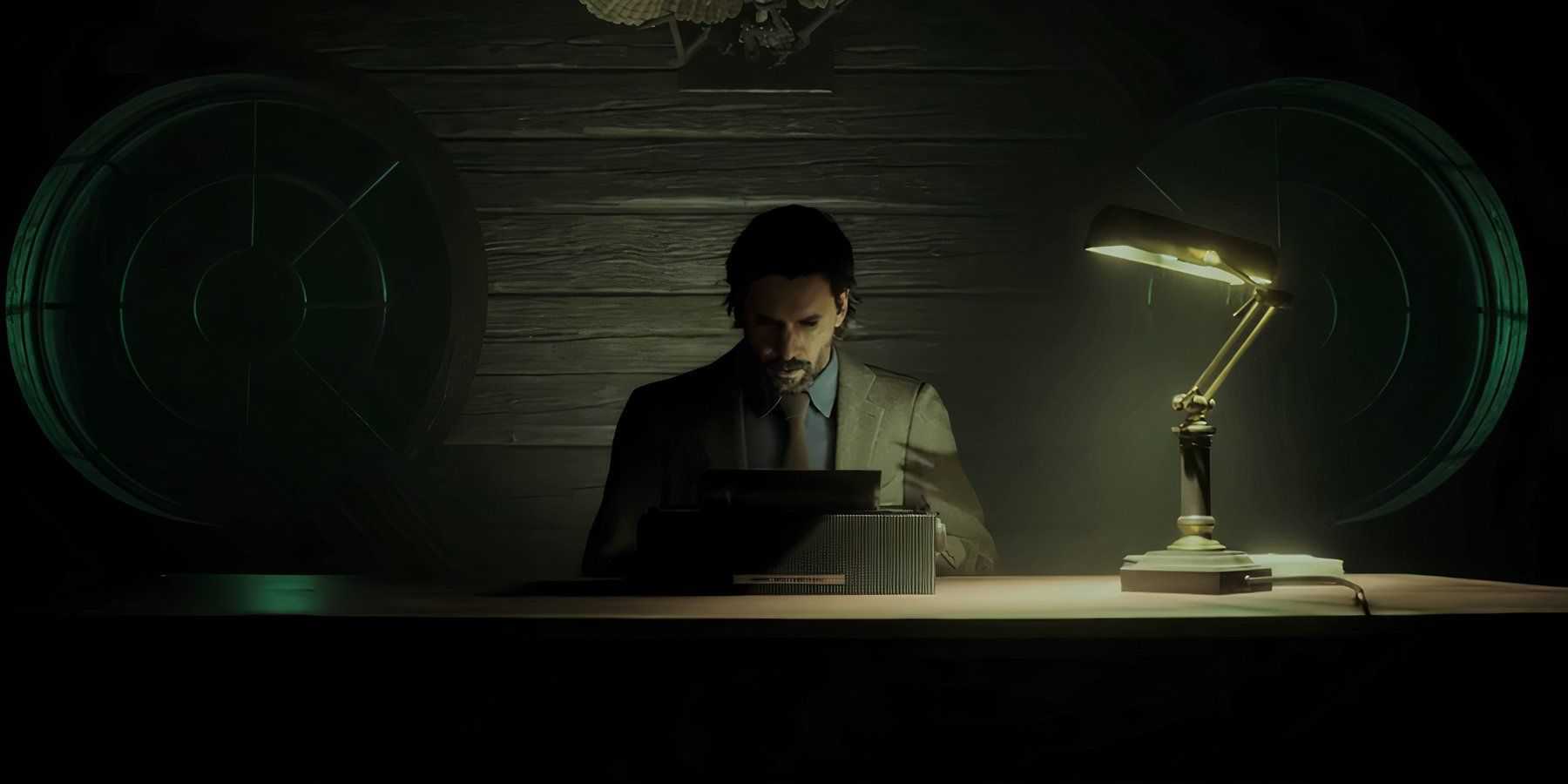 Alan Wake sitting at a typewriter