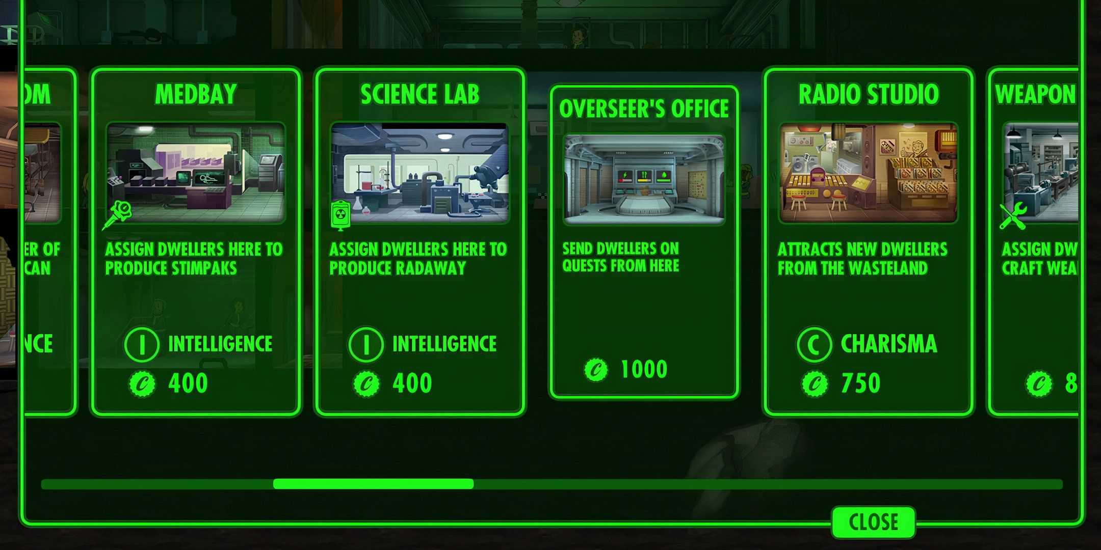 The build menu in Fallout Shelter