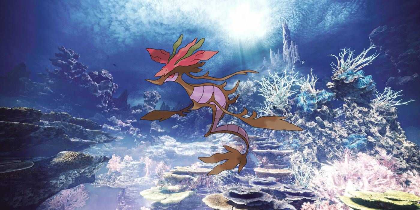 Dragalge from Pokemon in the Coral Highlands from Monster Hunter World