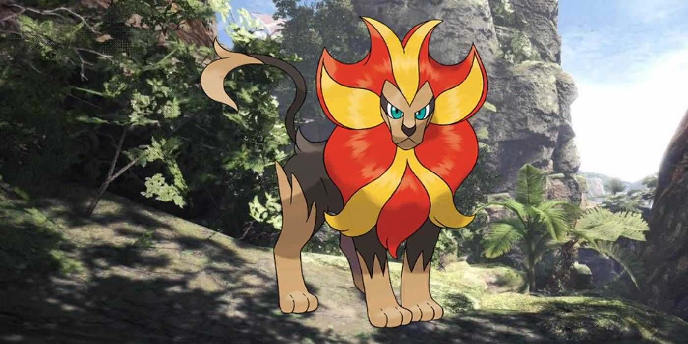 Pyroar from Pokemon in the Ancient Forest from Monster Hunter World