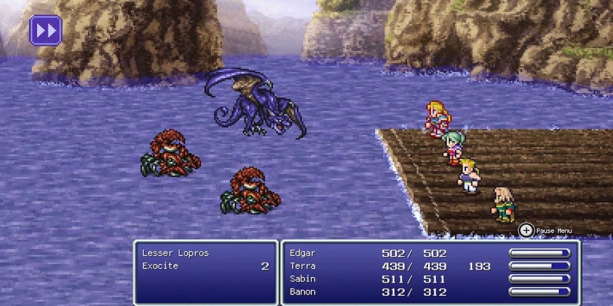 Fighting a battle in Final Fantasy 6 (Pixel Remaster)