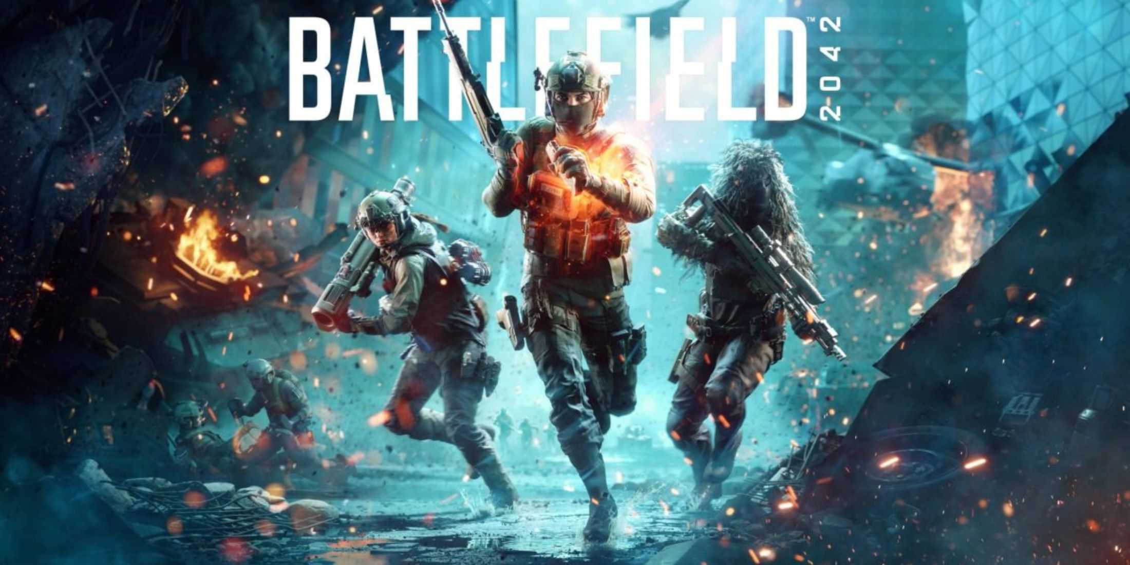 Battlefield 2042 Poster of three Soldiers charging towards camera.