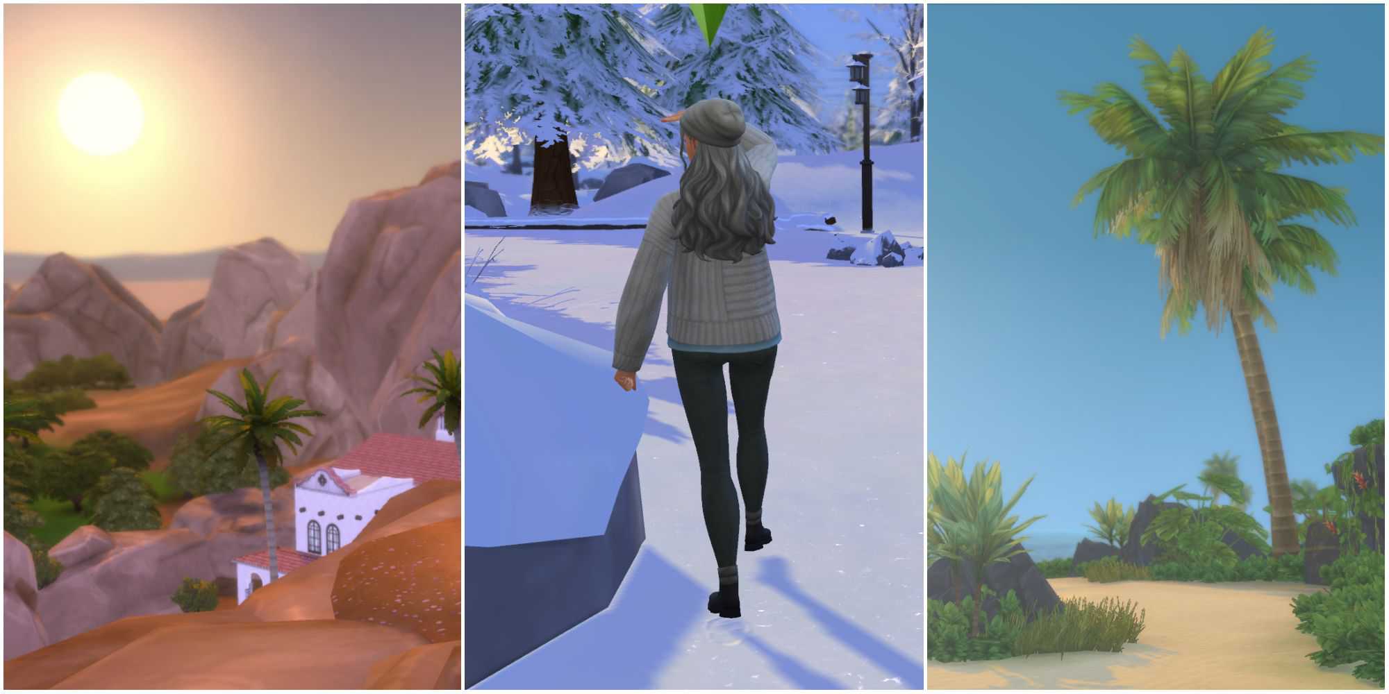 Three screenshots of worlds in The Sims 4 for the Globetrotter storyline, perfect for a singe-sim household.