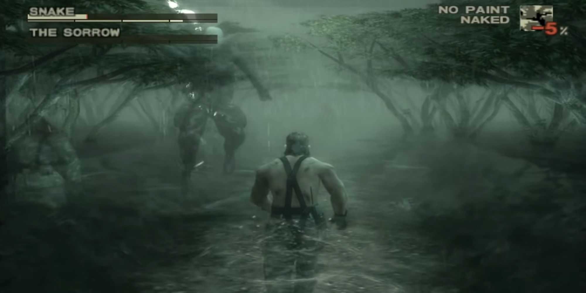 The Sorrow flutuando sobre Naked Snake que está andando por um rio assustador, outro fantasma está próximo Metal Gear Solid 3 Snake Eater